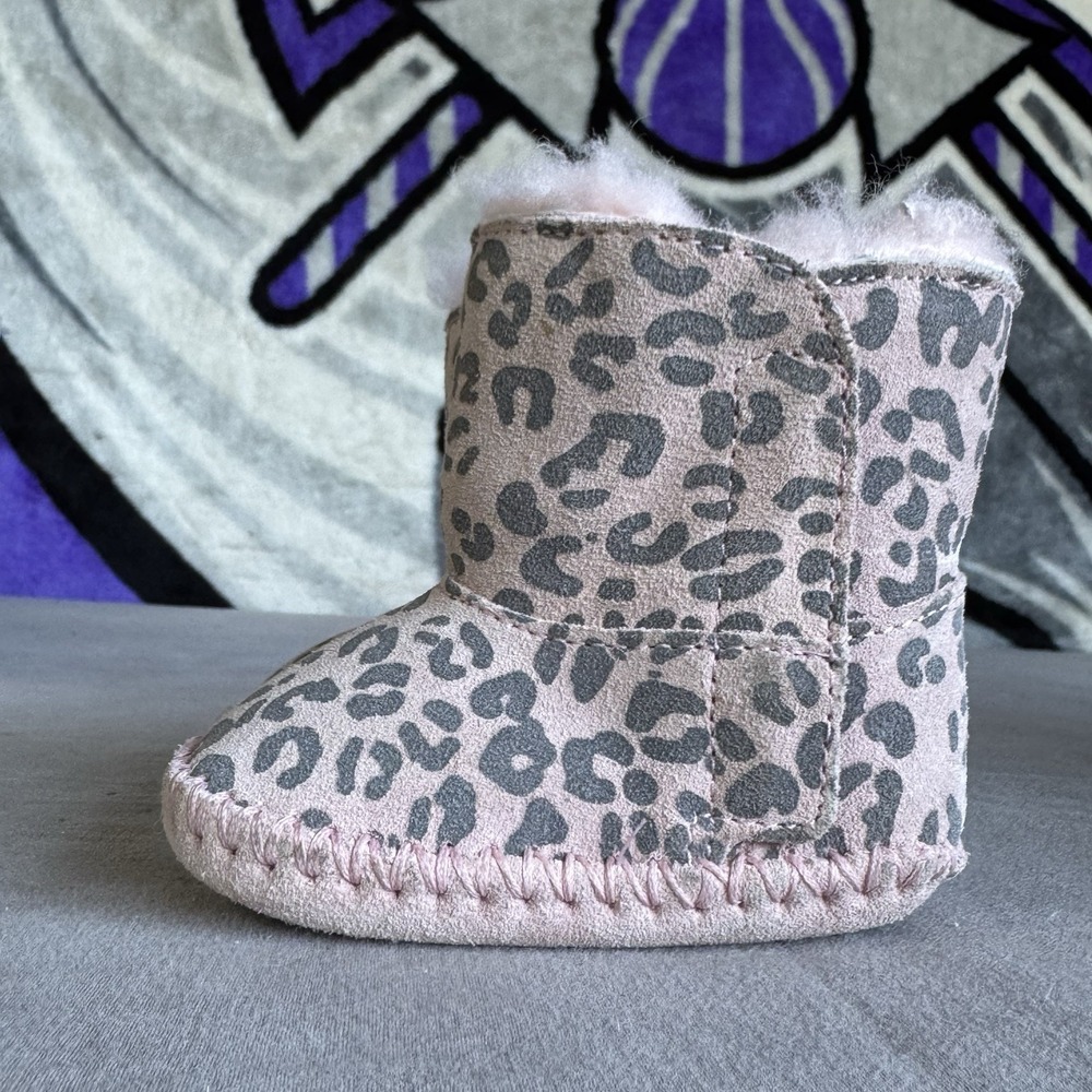 Size 0/1 - UGG Kids Leopard Print Suede Faux Fur Lined Slip-On Booties